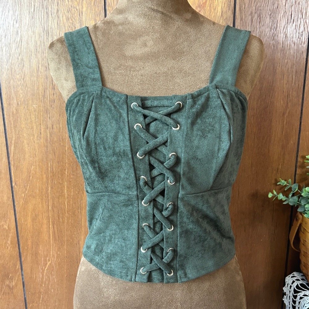 Vintage y2k‎ Bebe Faux Suede Corset Top Green Grunge Fairy Whimsygoth Hippie